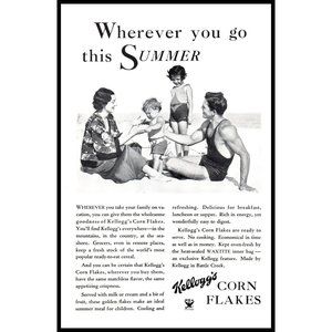 1934 Kellogg's Corn Flakes Cereal Vintage Print Ad Family Summer Vacation Beach